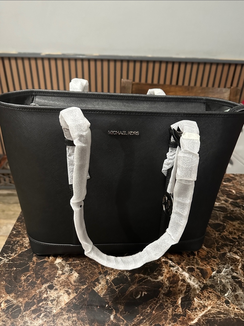 Michael Kors Black Saffiano Leather Tote with Logo Plaque
